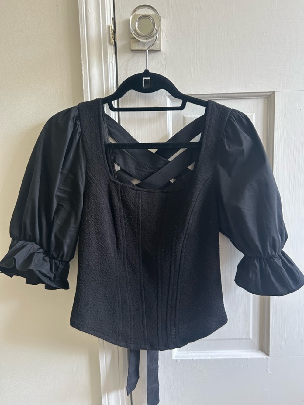 Anthropologie Black Corset Blouse with Crisscross Back
